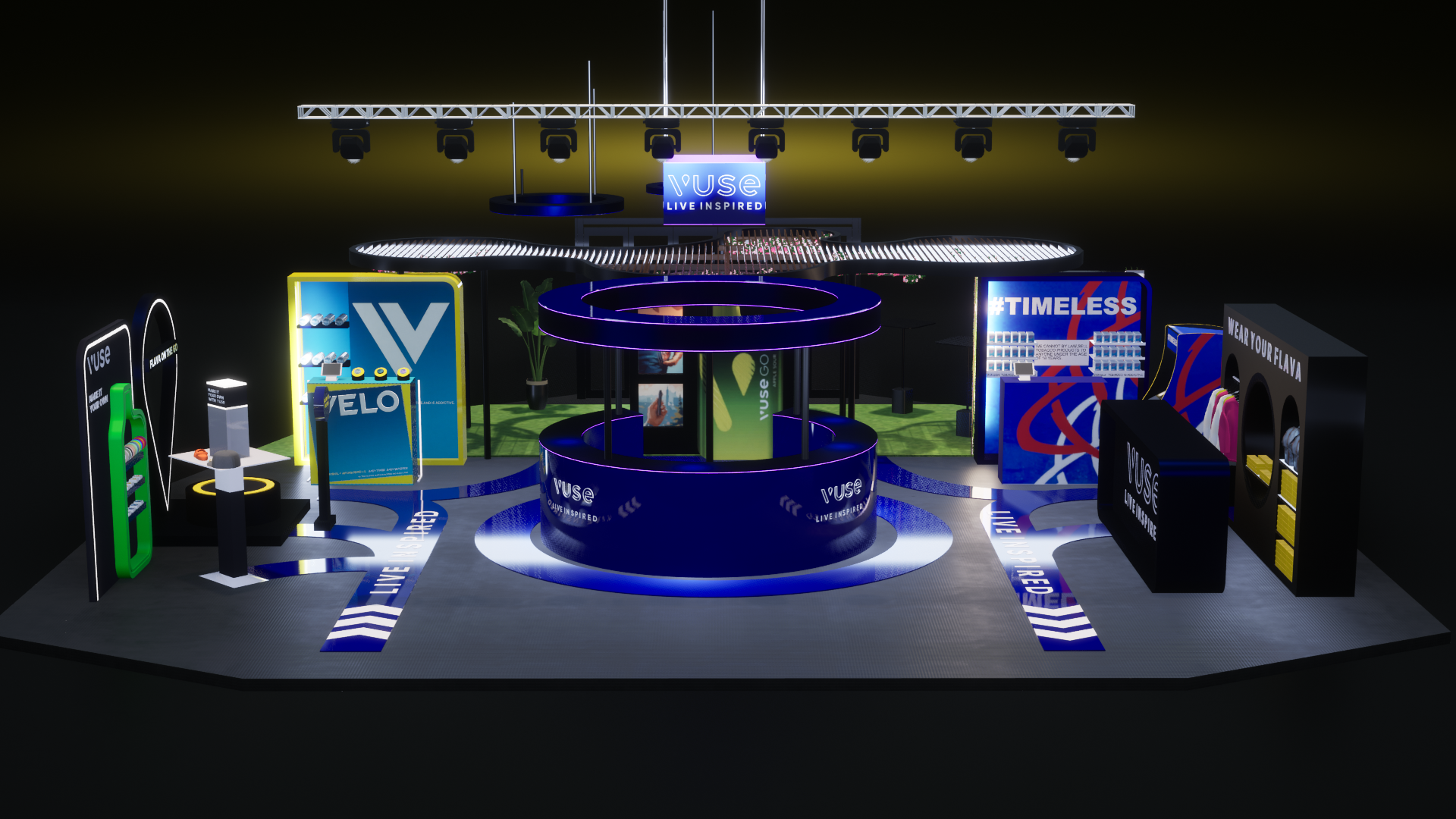 Wide hero view of the VUSE Dome Build 2025 brand activation showing central stage and sub-brand pavilions