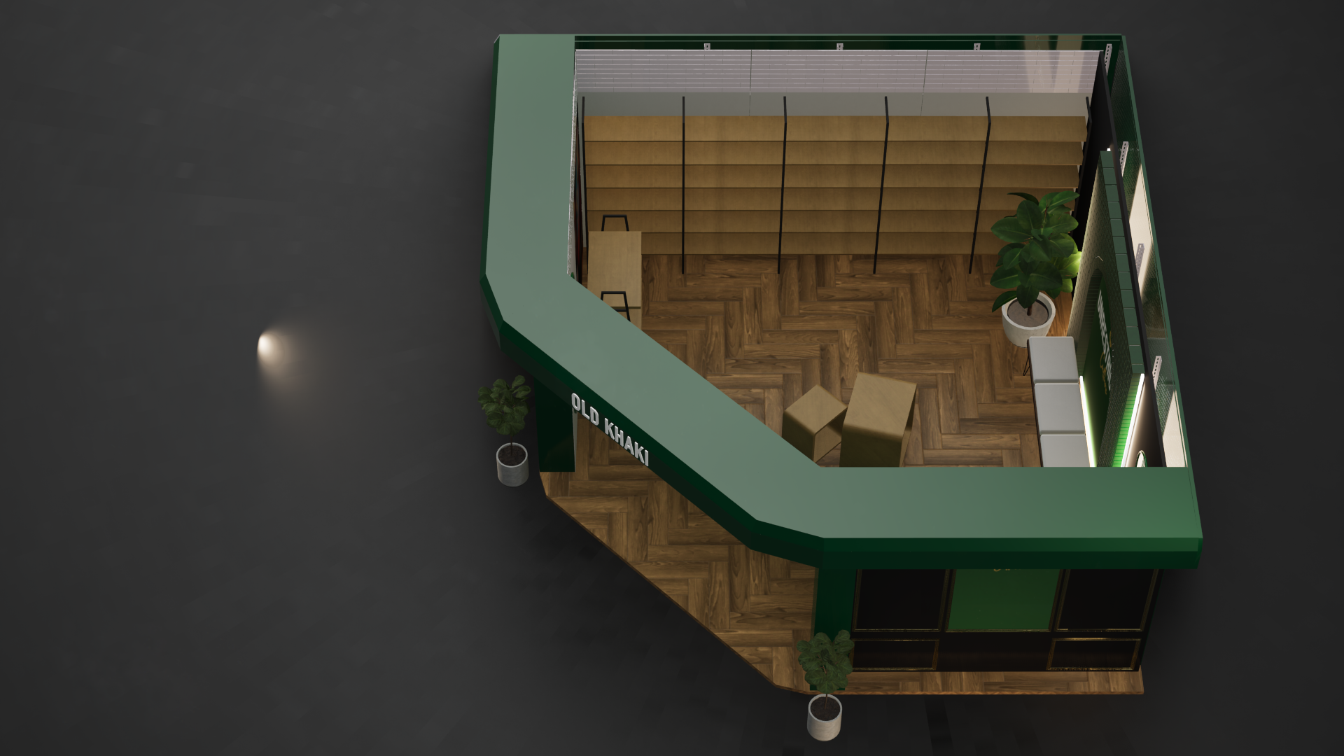 Top-down render of the Old Khaki retail concept showing herringbone floor and apparel wall layout