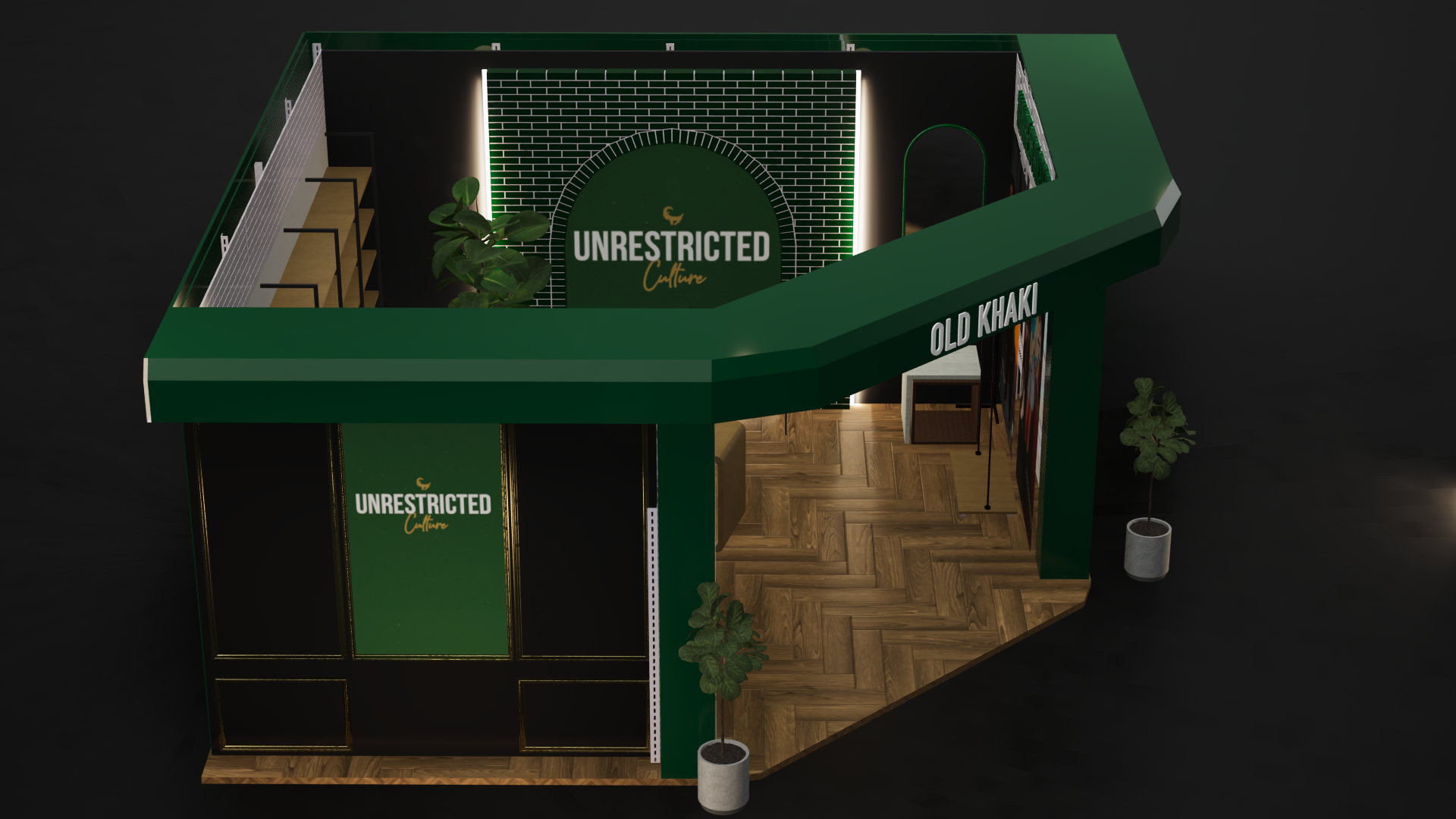 Old Khaki retail concept rear three-quarter render showing 'Unrestricted Culture' arched feature wall