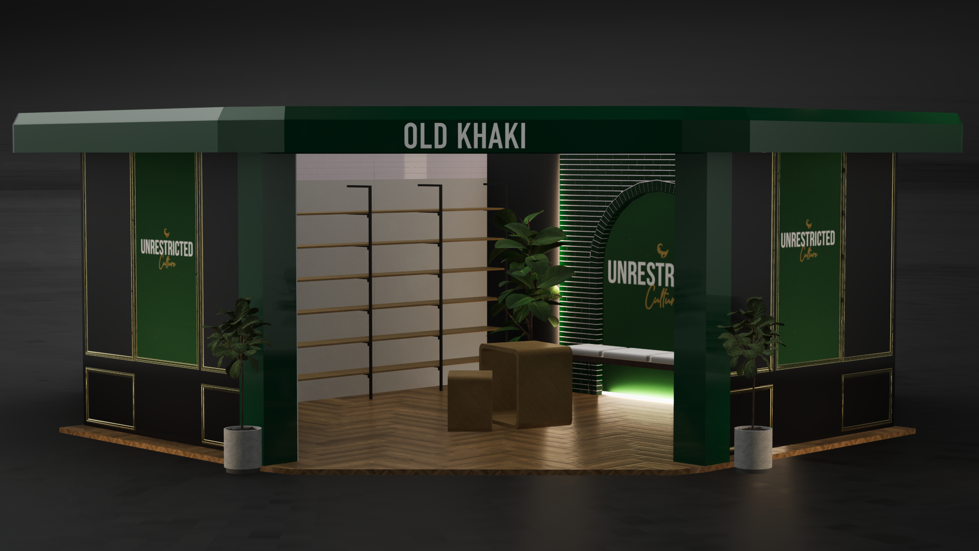 Old Khaki retail concept front elevation with brick arch hero wall visible through entry