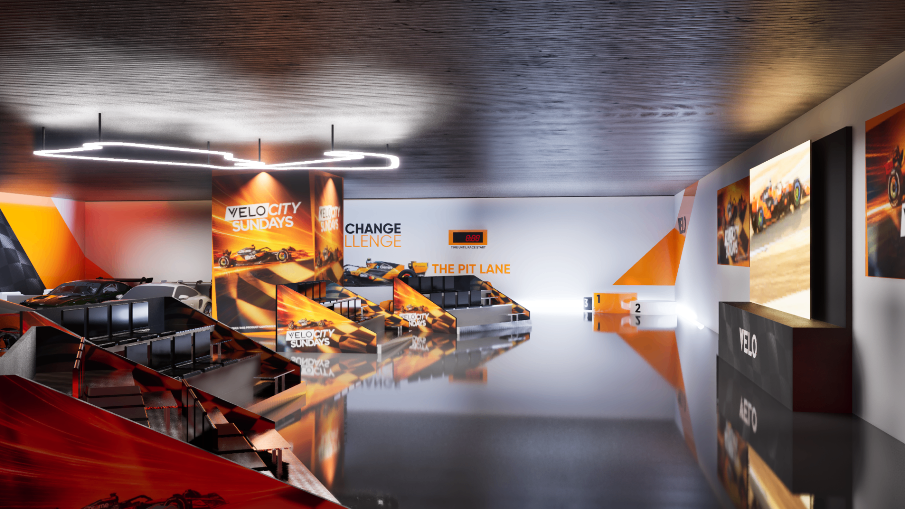 Branded social space inside the VELO Formula 1 watch party activation