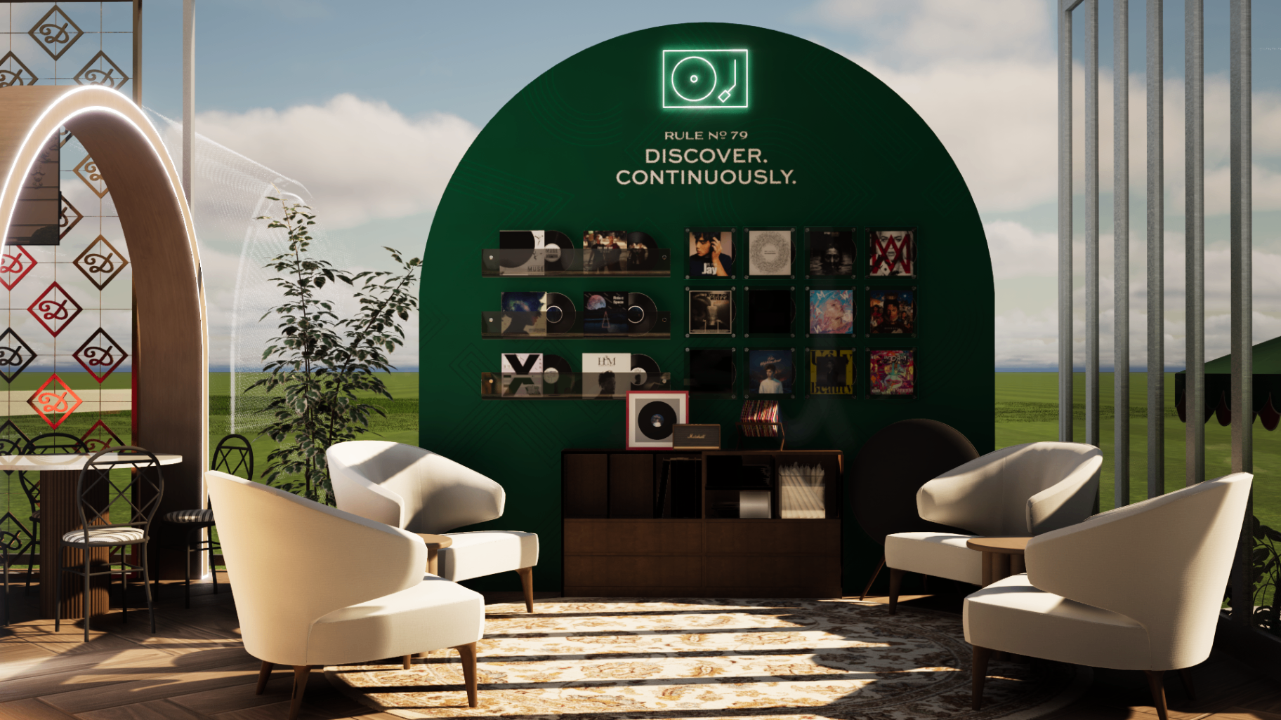Dunhill Durban July activation, sculptural branded environment detail
