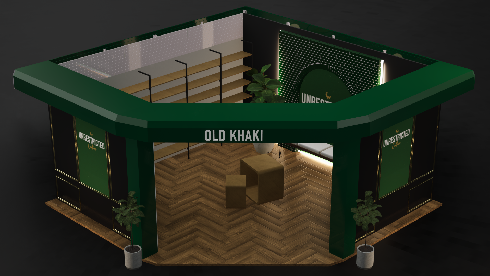 Old Khaki retail concept aerial three-quarter view showing pentagonal footprint and interior fixtures