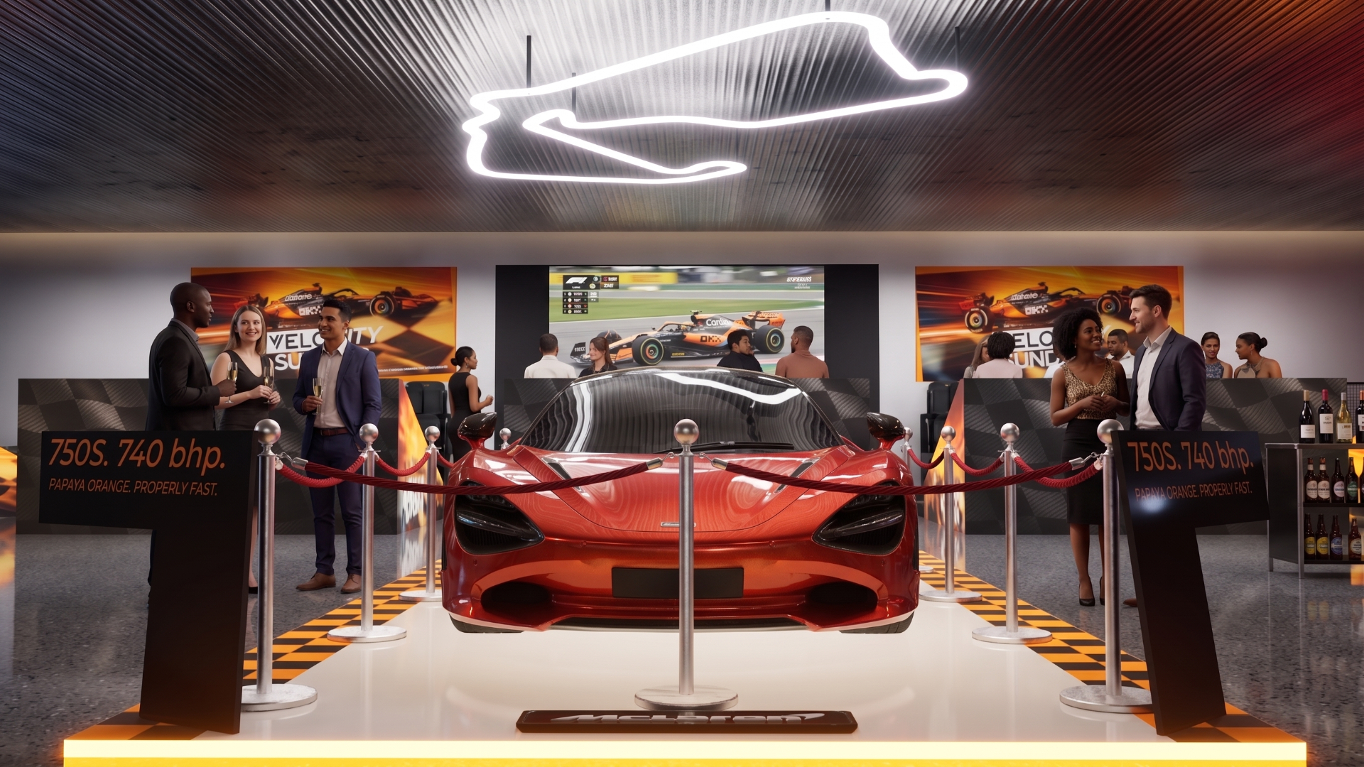 Cinematic 3D render of a VELO McLaren F1 watch party activation