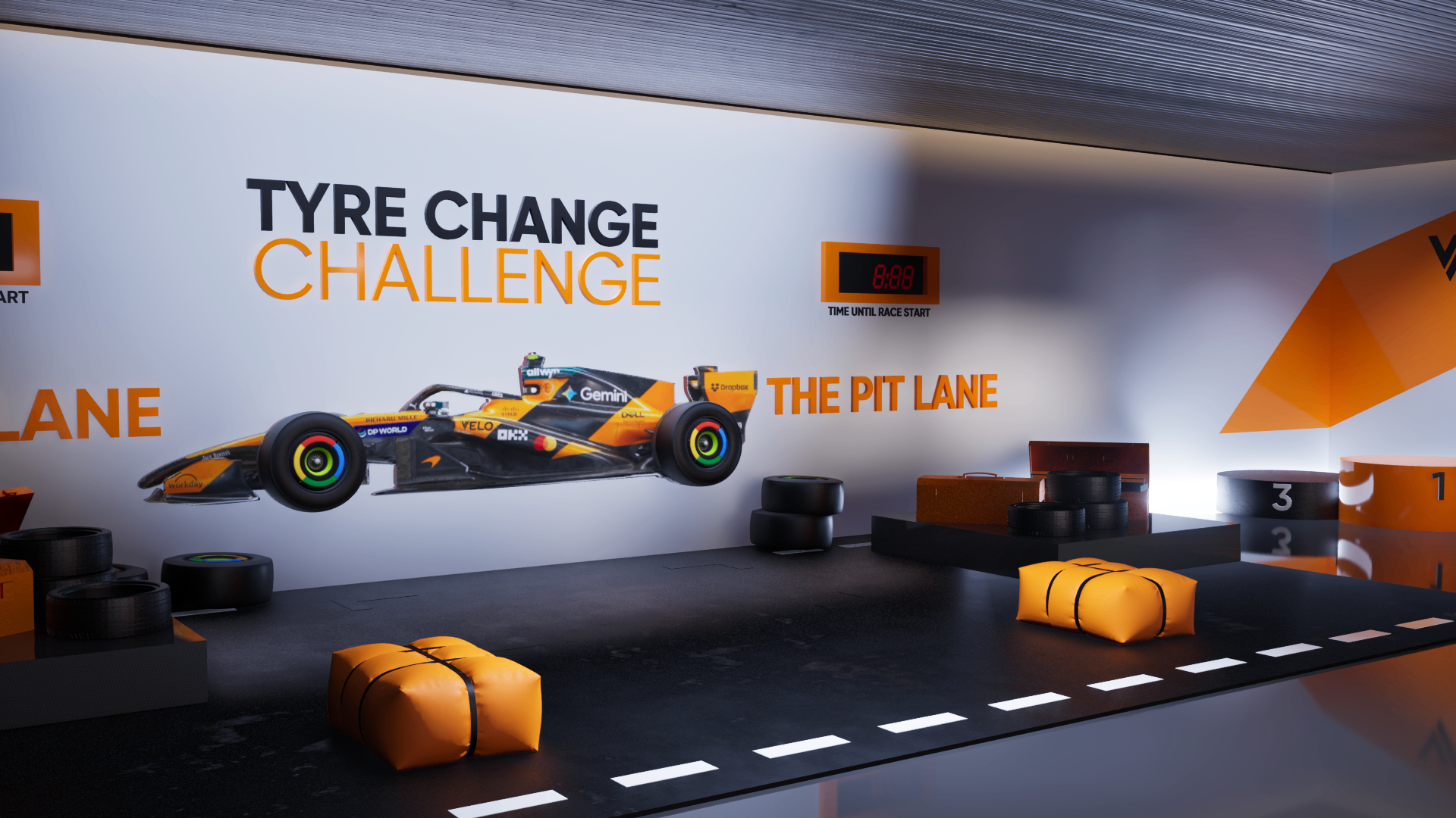Detail of VELO motorsport graphic treatment across the 2026 watch party activation