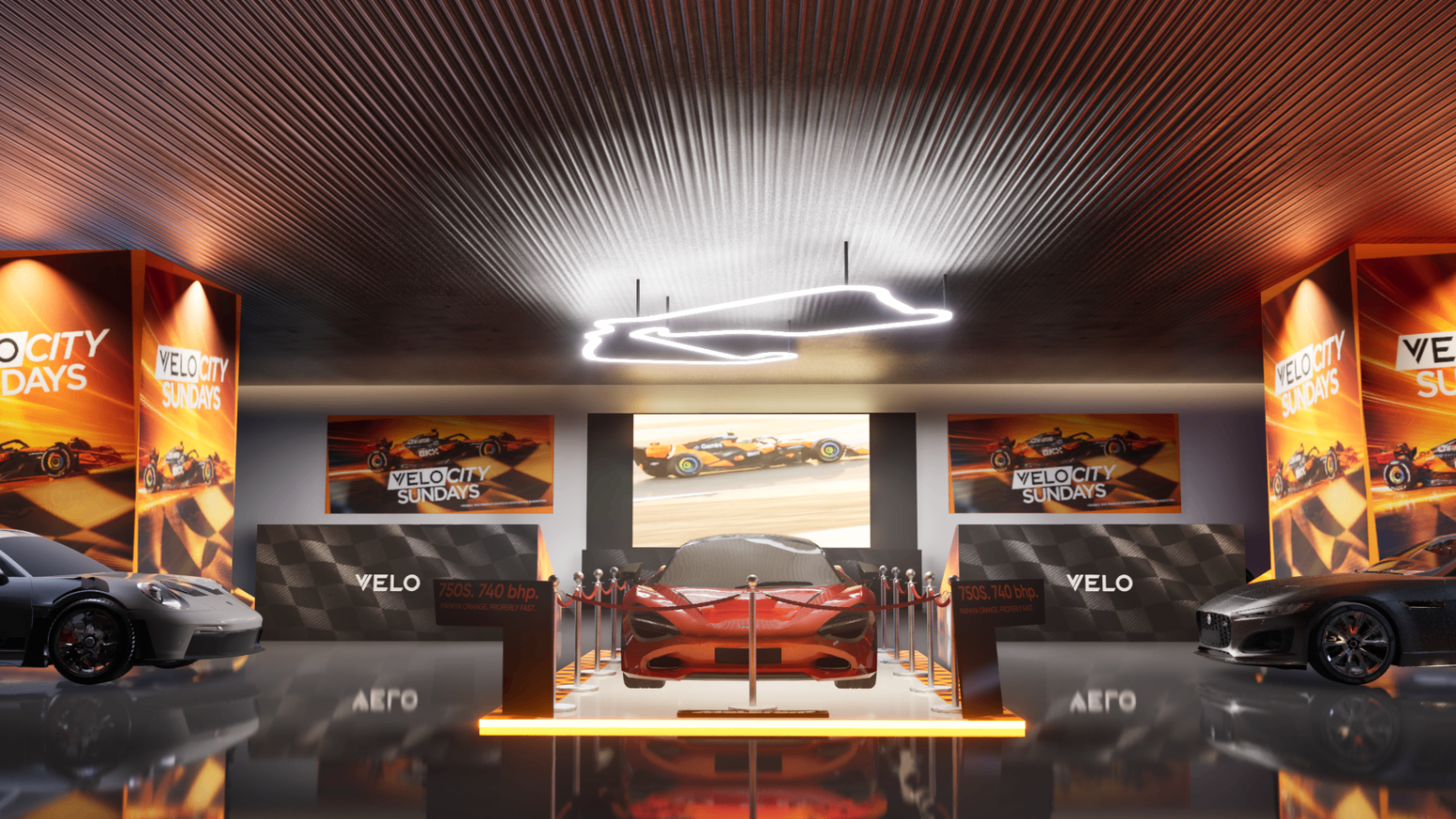 VELO F1 watch party activation entrance and arrival zone, 3D event design
